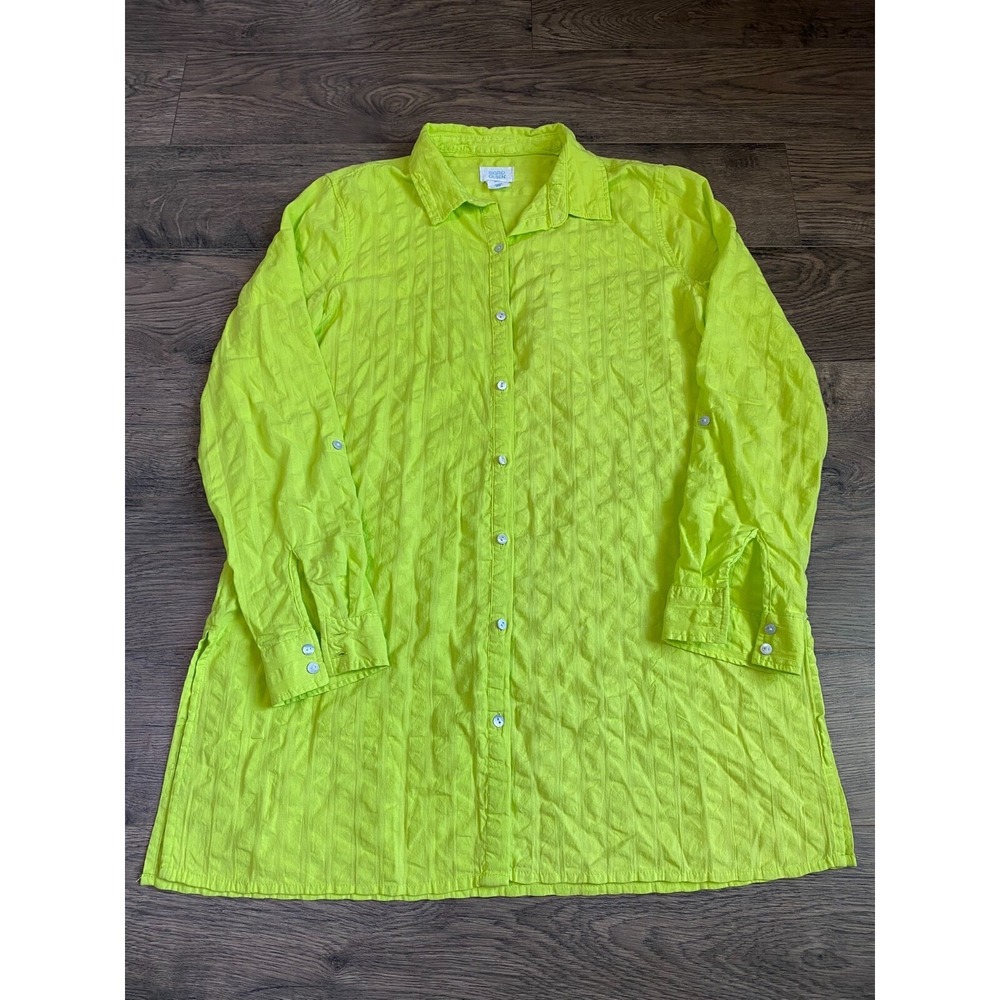 EUC Sigrid Olsen lime green 100% cotton roll tab button up cover up tunic size M